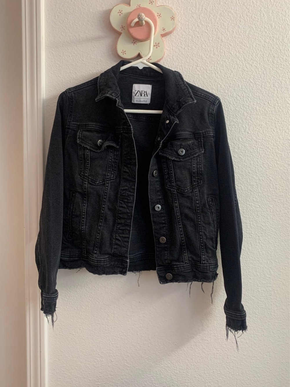 Zara Black Distressed Denim Trucker Jacket